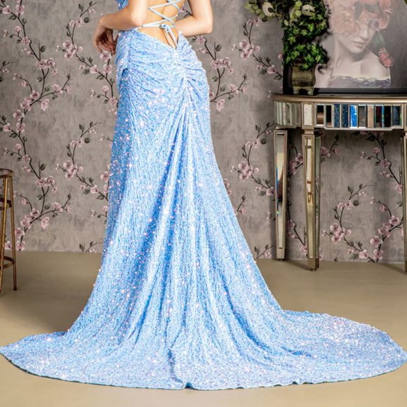 NEW LONG SLEEVLEESS MERMAID LACE UP BACK DRESS EMBROIDERED WITH SEQUINS GL3322 - Picture 6 of 11